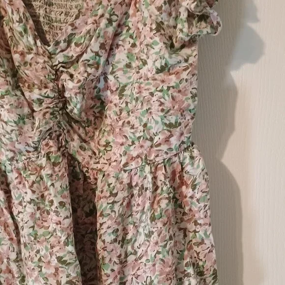 Japna Floral Boho Top Women L Flutter Sleeve Ruched V-Neck Blouse - Picture 8 of 9